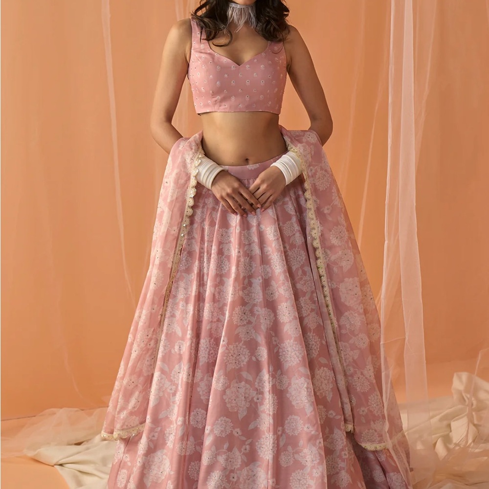 Peach White Floral Printed Lengha